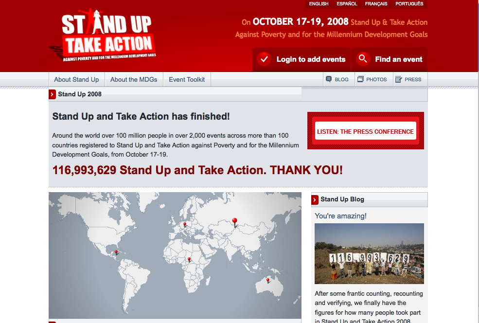 A campaign webpage reports over 116 million people participated in the 2008 "Stand Up Take Action" event against poverty.