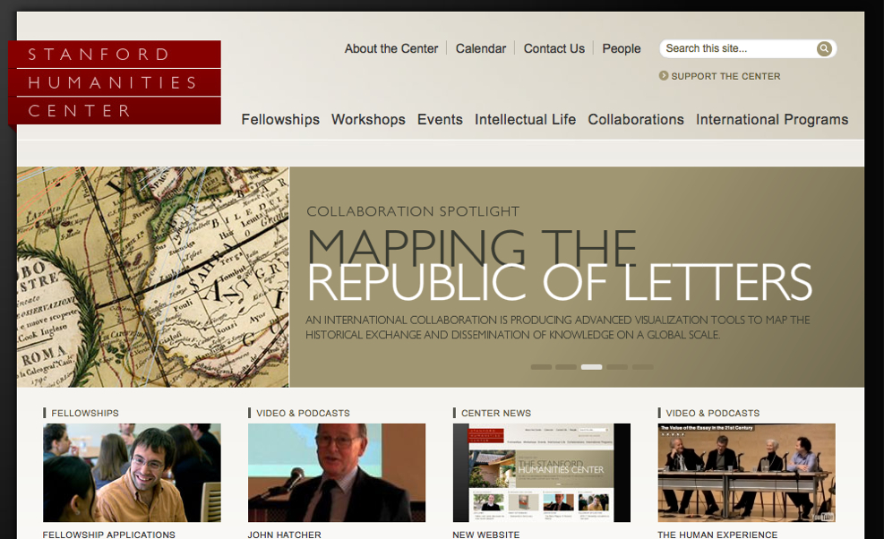 Screenshot of the Stanford Humanities Center website, featuring a project on mapping historical knowledge exchange and various academic resources.