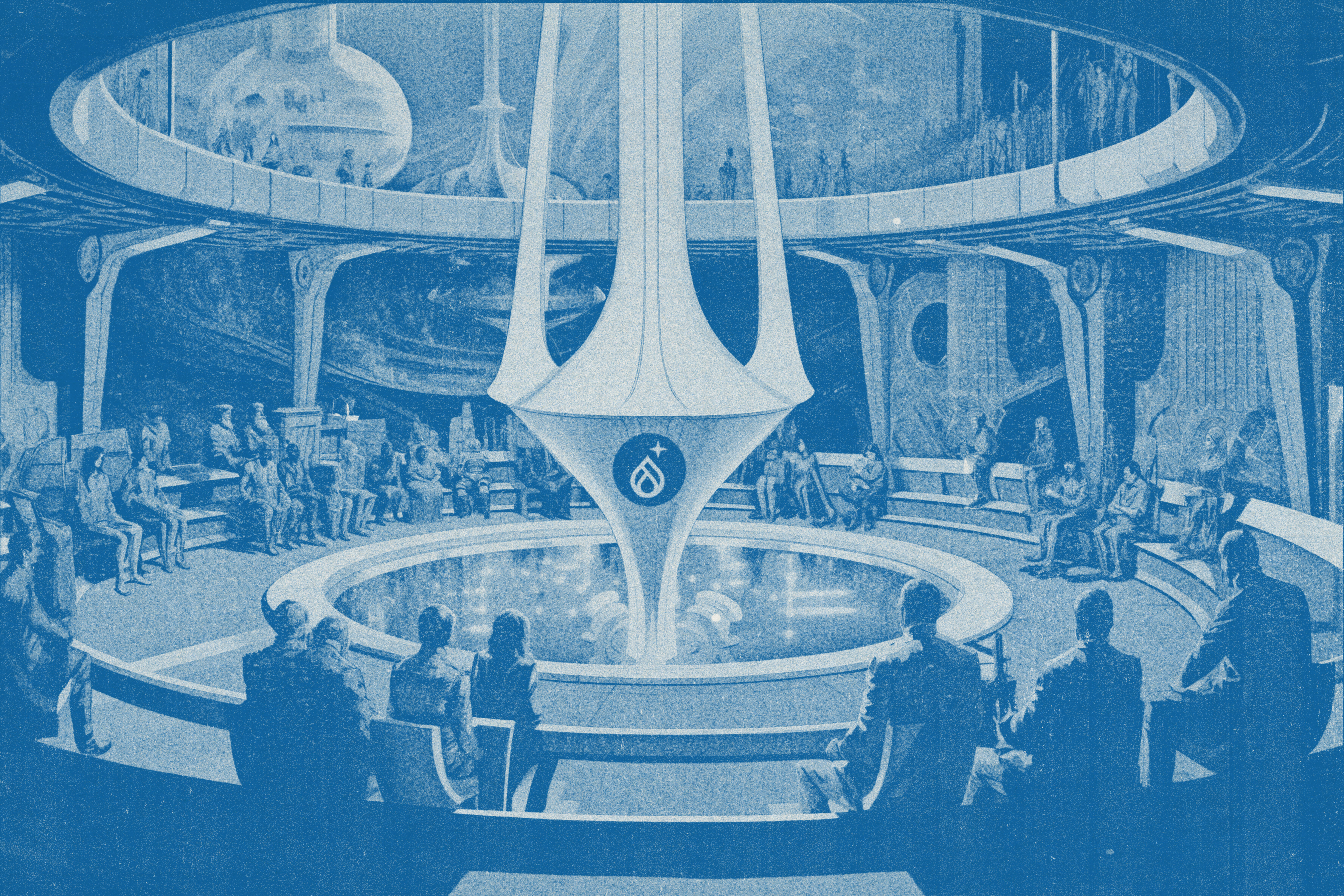 A group of people in a futuristic setting having a meeting in an open forum with a space background.