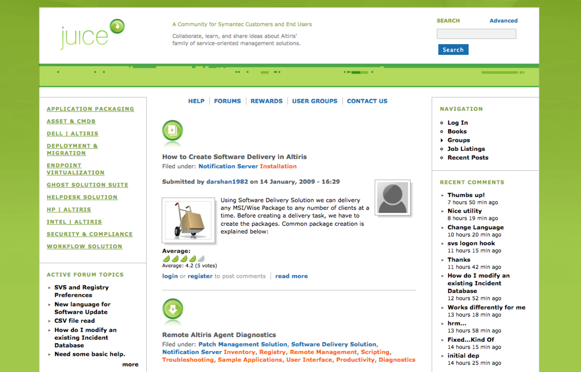 Symantec community webpage discussing software delivery in Altiris, with forum topics, navigation links, and recent user comments.