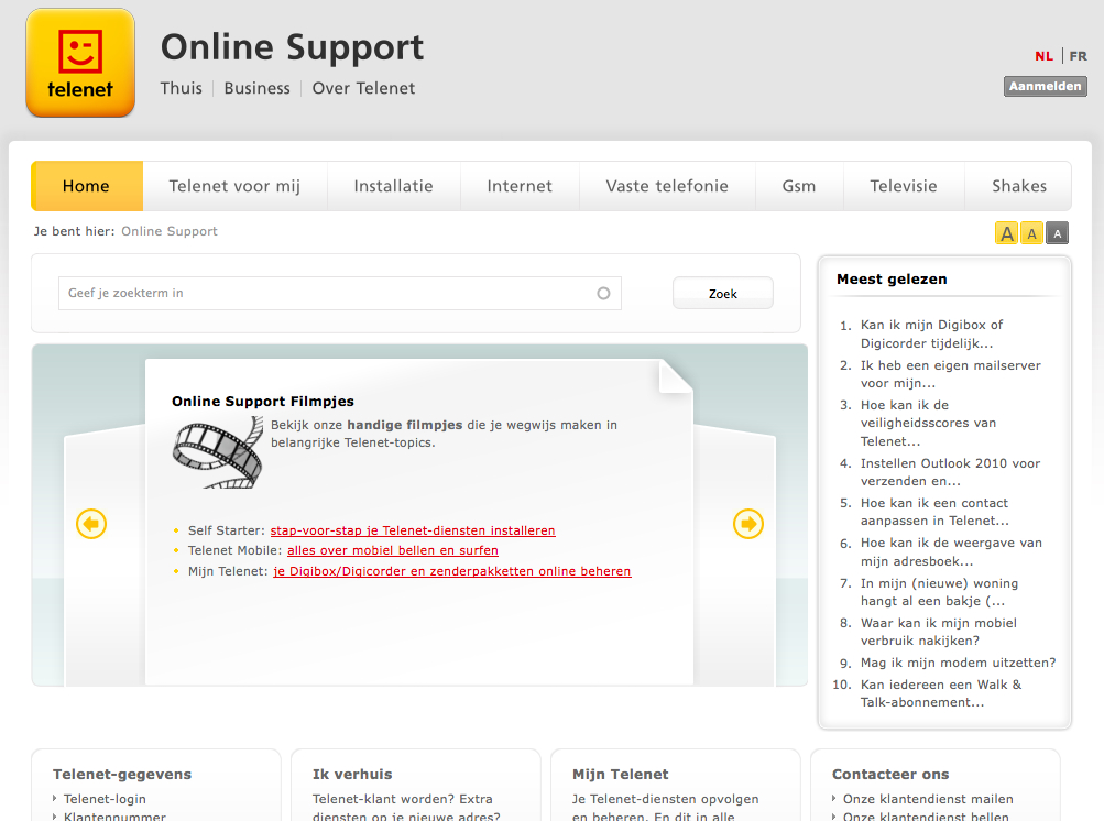 Telenet online support page with navigation menu, search bar, and links to video tutorials on various Telenet services.