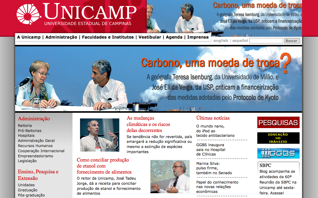 A university webpage from Unicamp featuring a discussion between two speakers about carbon finance and climate policies.