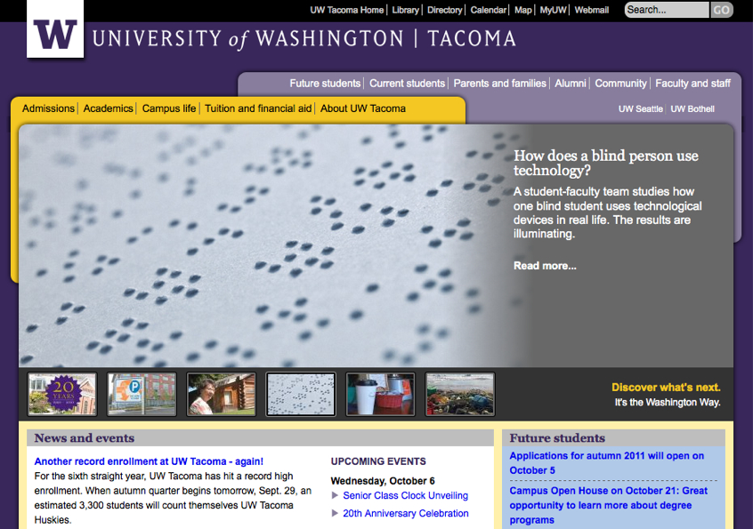 Close-up of a Braille text discussing how blind students use technology at the University of Washington.