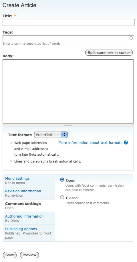 A screenshot of the node edit form showing the new 'vertical tabs' feature.