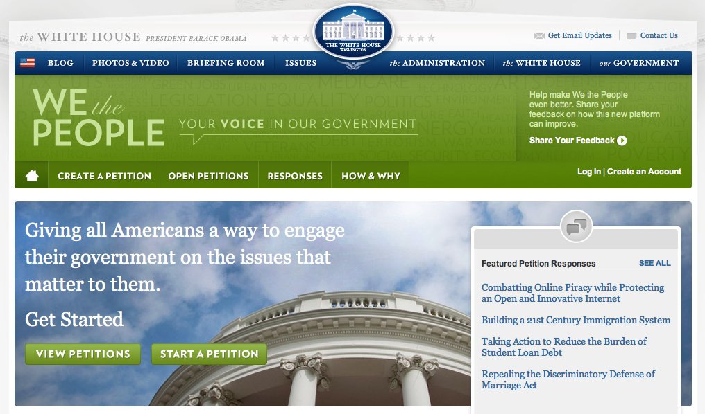 A government website encouraging citizens to create and sign petitions on important issues.