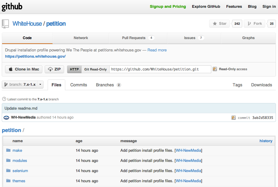 GitHub repository for the White House petition system using Drupal, showing recent commits and project files.