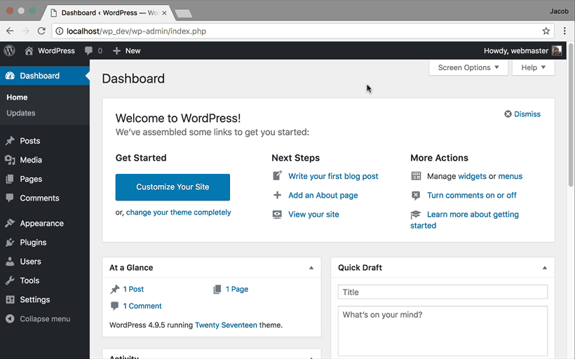 WordPress dashboard displaying options to customize the site, write a blog post, add an about page, and manage settings.