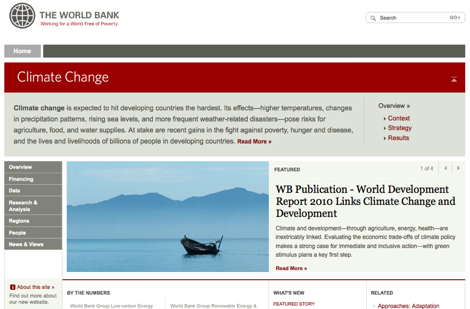 World Bank webpage on climate change, highlighting its impact on developing countries and linking it to economic development.