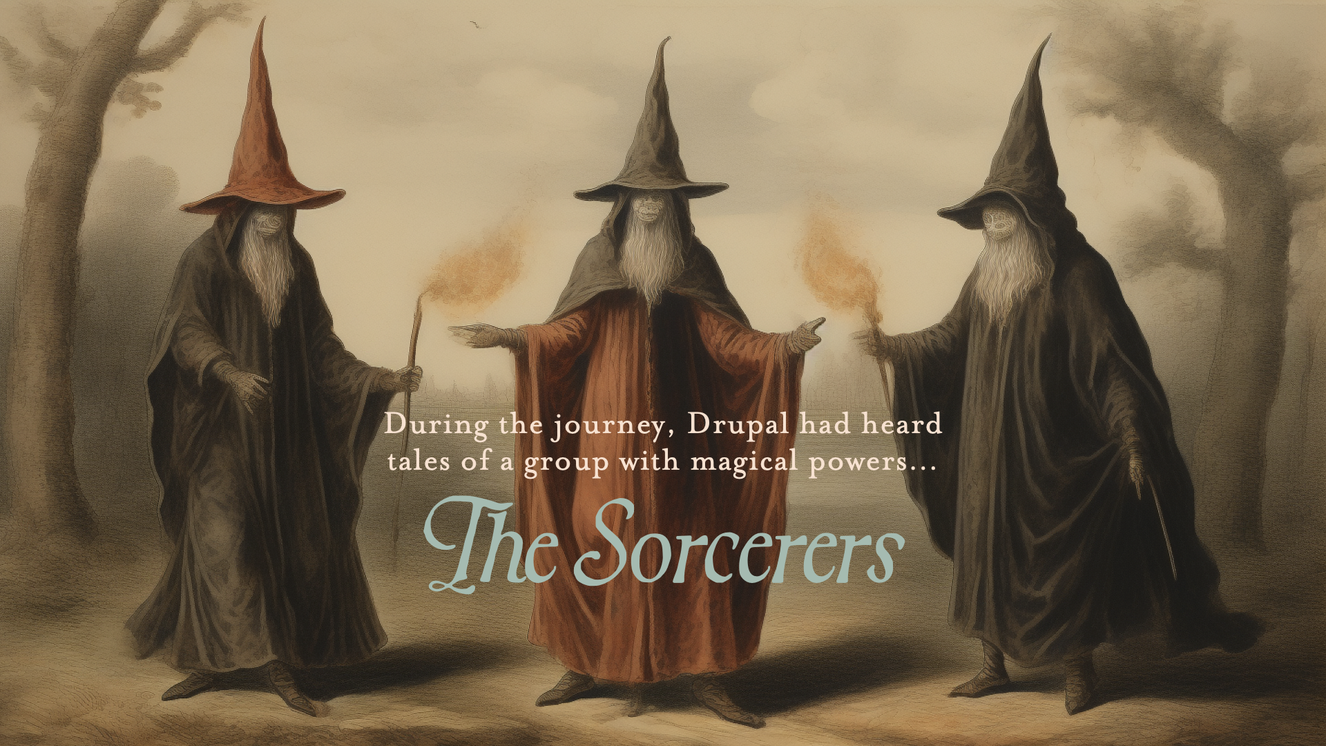 Three wise sorcerers in robes and pointy hats, symbolizing members of the Drupal Marketing Committee.