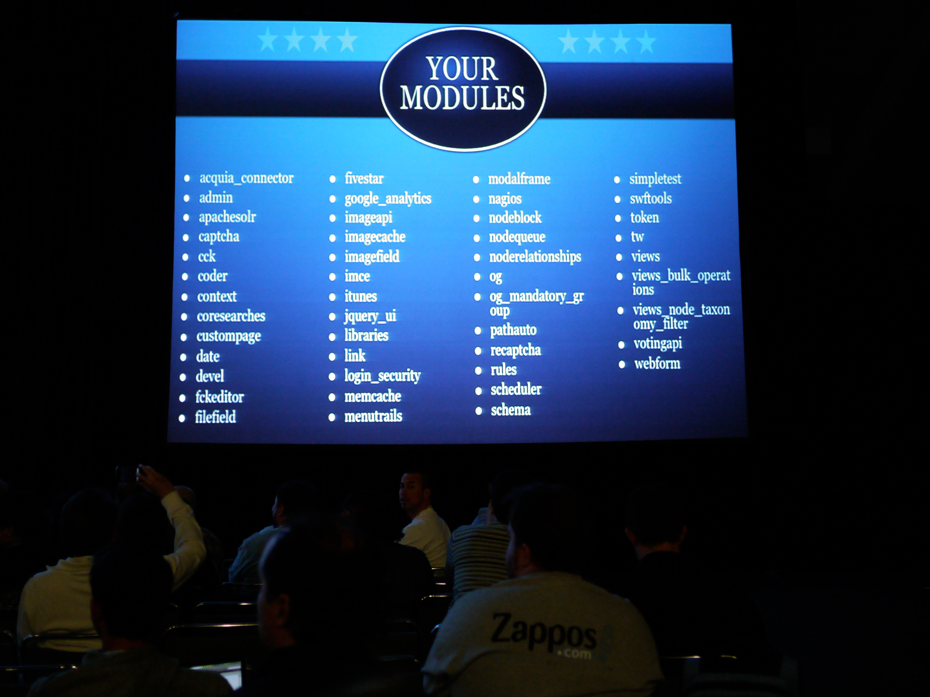 A presentation slide displays a list of Drupal modules under the title "Your Modules" at DrupalCon San Francisco 2010.