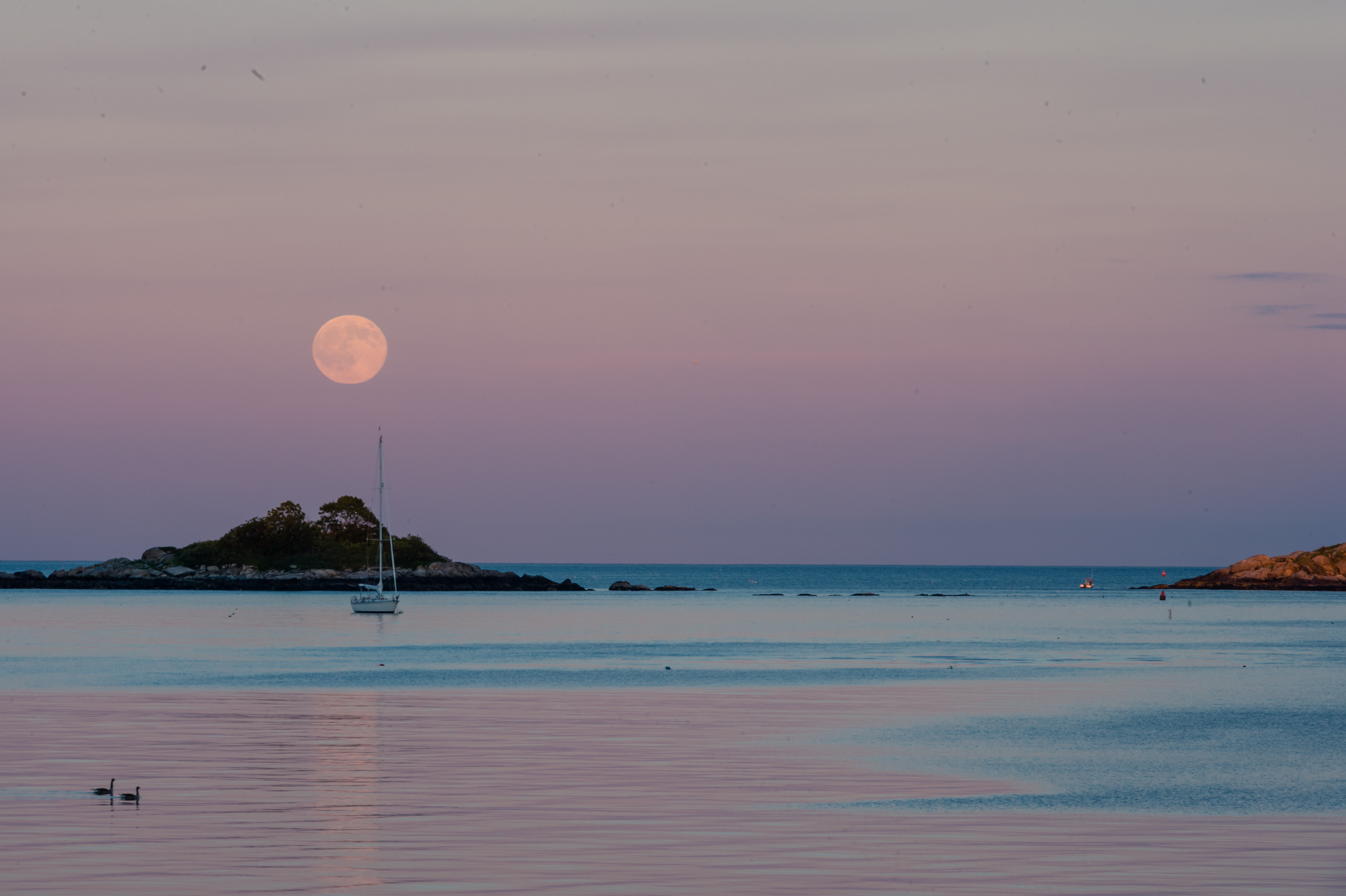 A full moon rises over the ocean near a small island, with a sailboat floating nearby.