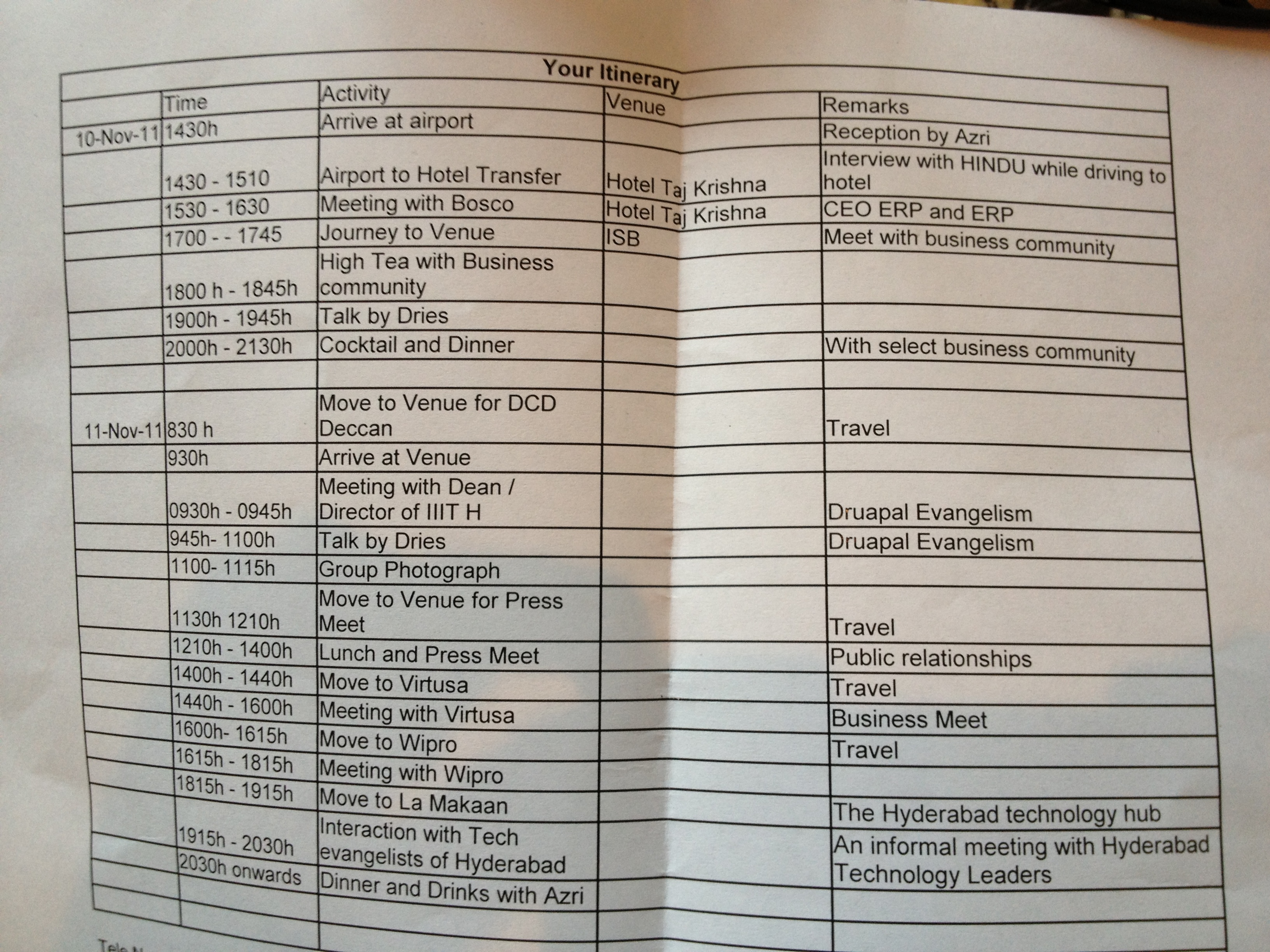 A printed itinerary listing scheduled meetings, talks, and events for a trip to India in November 2011.
