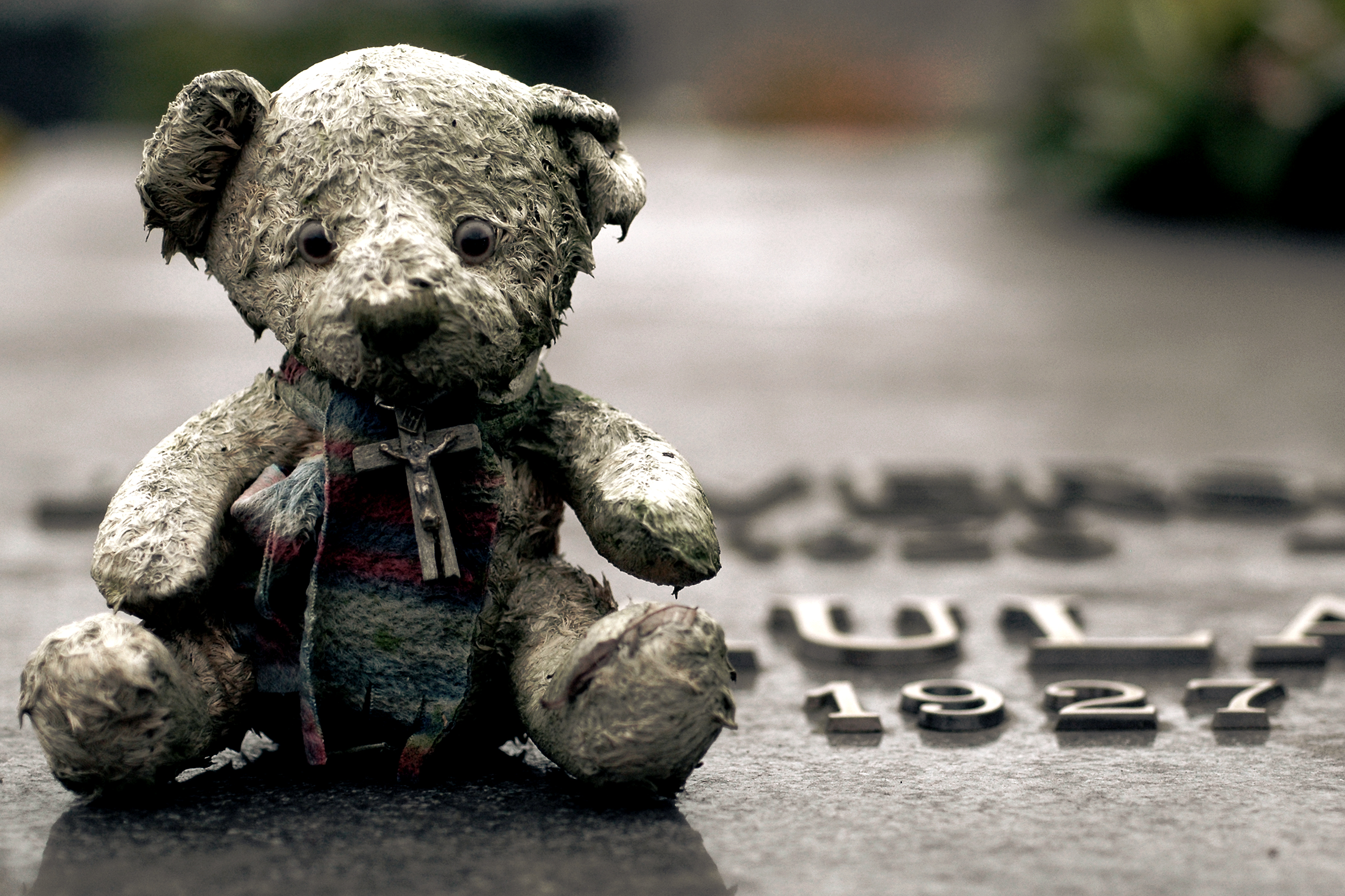 A worn teddy bear with a scarf and cross necklace sits on a gravestone with the name &quot;Paula.