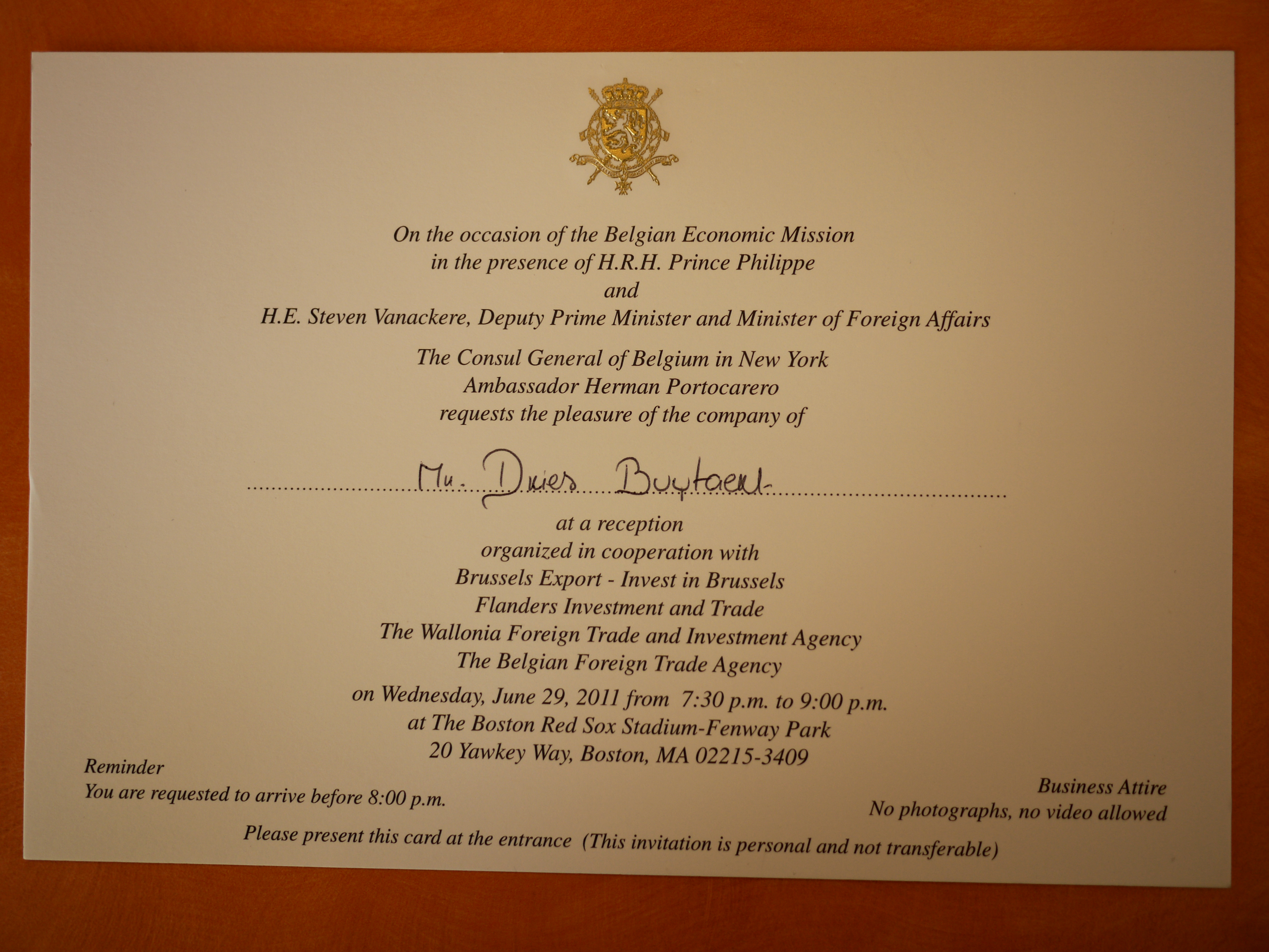 Invitation to a reception with Prince Philippe and Belgian officials at Fenway Park, Boston, on June 29, 2011.