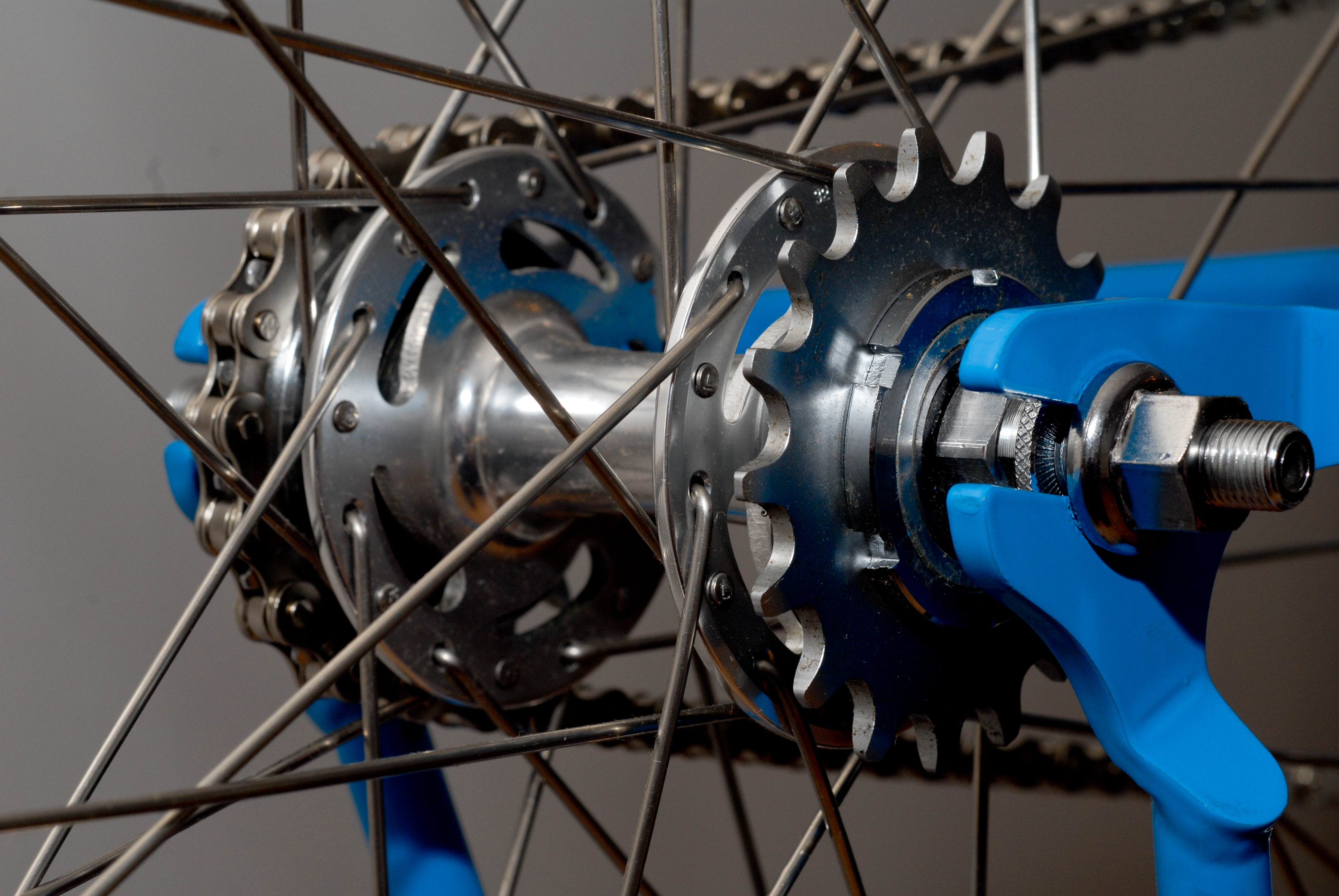 Close-up of a bicycle&#039;s rear wheel hub, showing a flip-flop hub for switching between fixed gear and single speed.