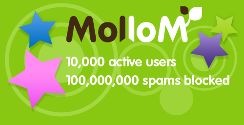 Bright green graphic celebrating Mollom reaching 10,000 active users and blocking 100 million spam messages.