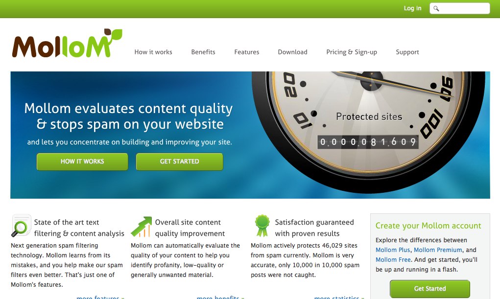 Screenshot of the redesigned Mollom website, showcasing its spam filtering and content quality evaluation features with call-to-action buttons.