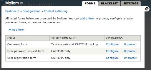 Mollom drupal protection modes