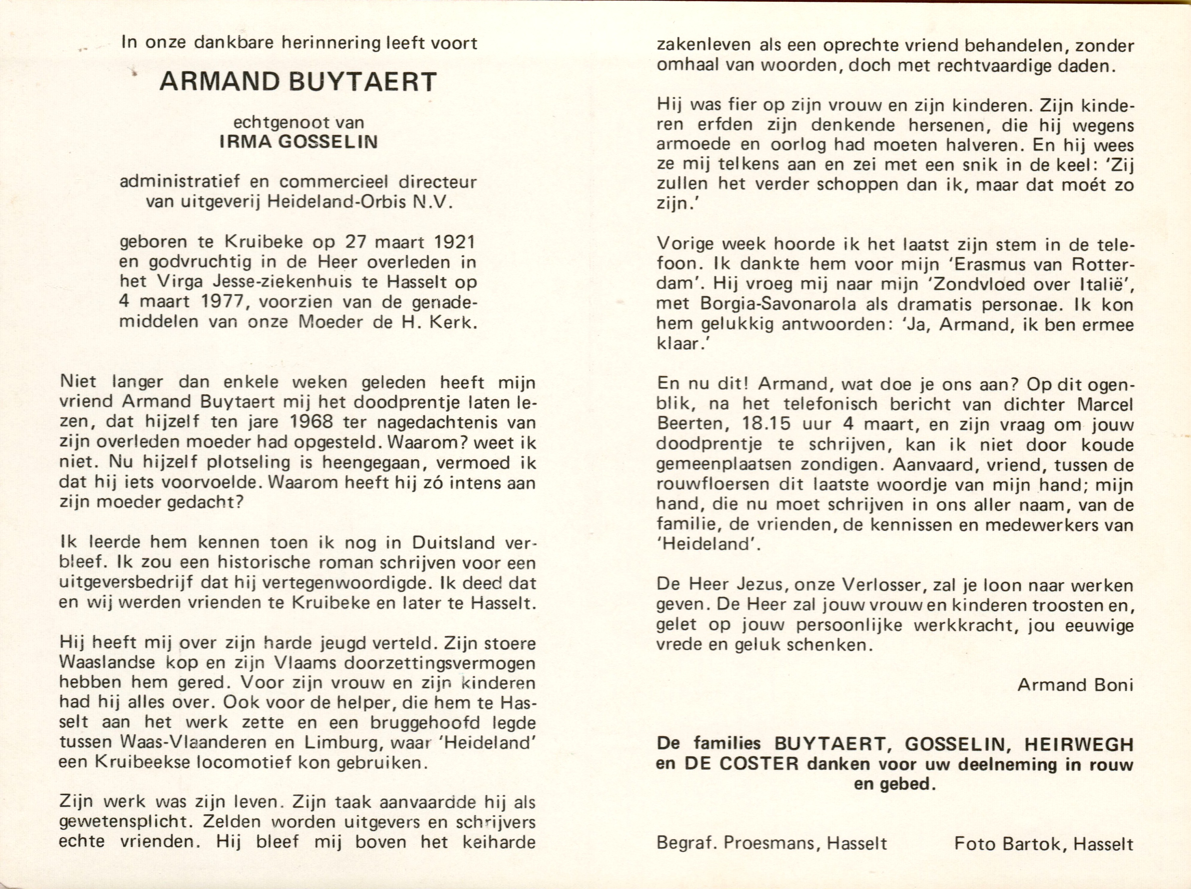 A memorial card for Armand Buytaert, featuring a tribute, biographical details, and a message of remembrance from loved ones.
