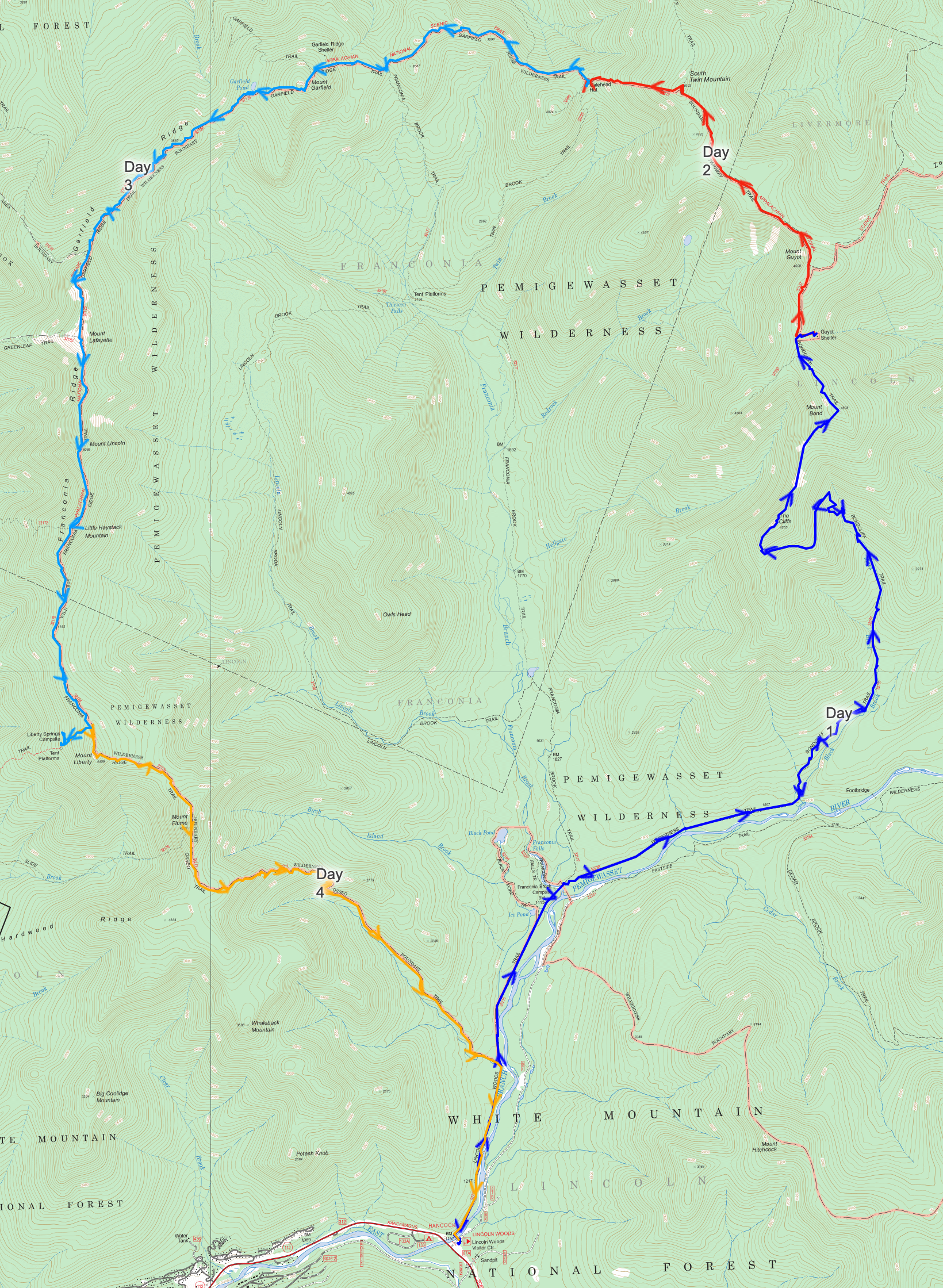 A topographical map of our Pemigewasset Loop.