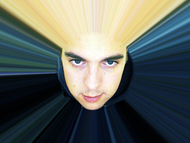 A person's face with a digital effect creating light streaks radiating outward from their head.