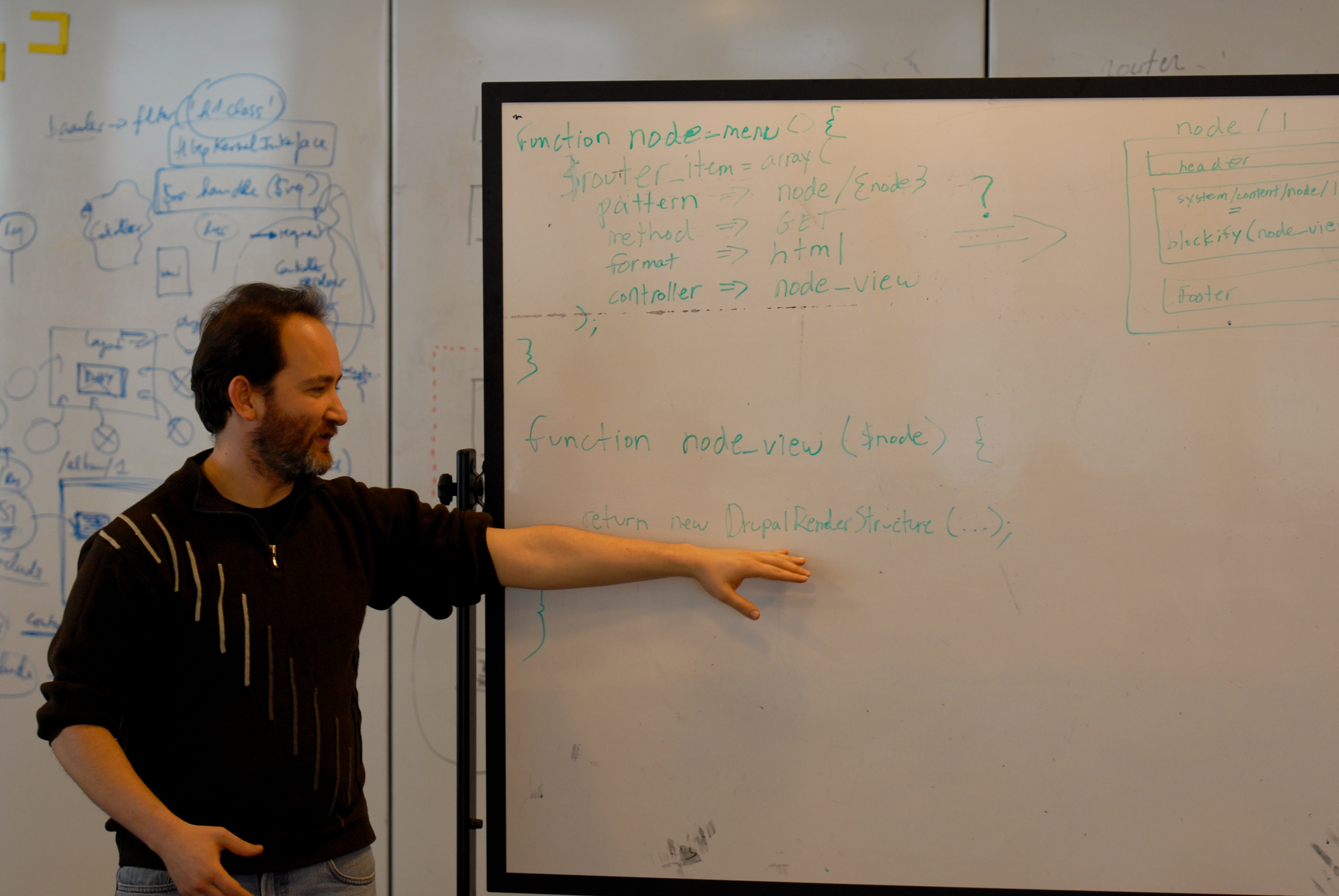 A person gestures towards a whiteboard with handwritten code and diagrams, explaining a technical concept.